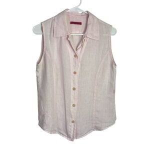 Natural Wave Womens 100% Linen Top Shirt Sz 2 Pink Button Embroidered Sleeveless